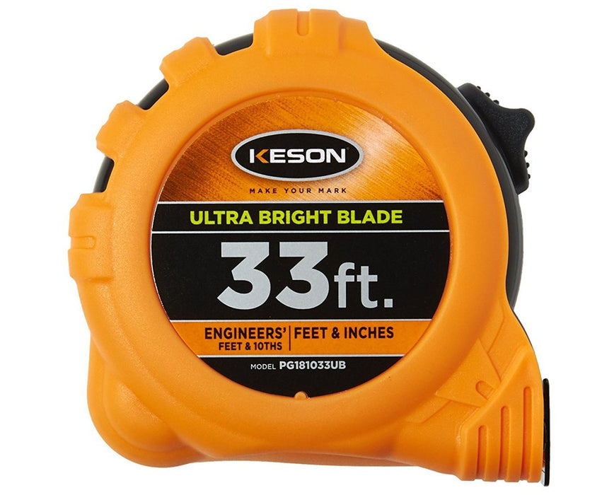 33ft Ultra Bright Short Measuring Tape w/ 'Feet, Inches, 1/10, 1/100' & 'Feet, Inches, 1/8, 1/16' Units