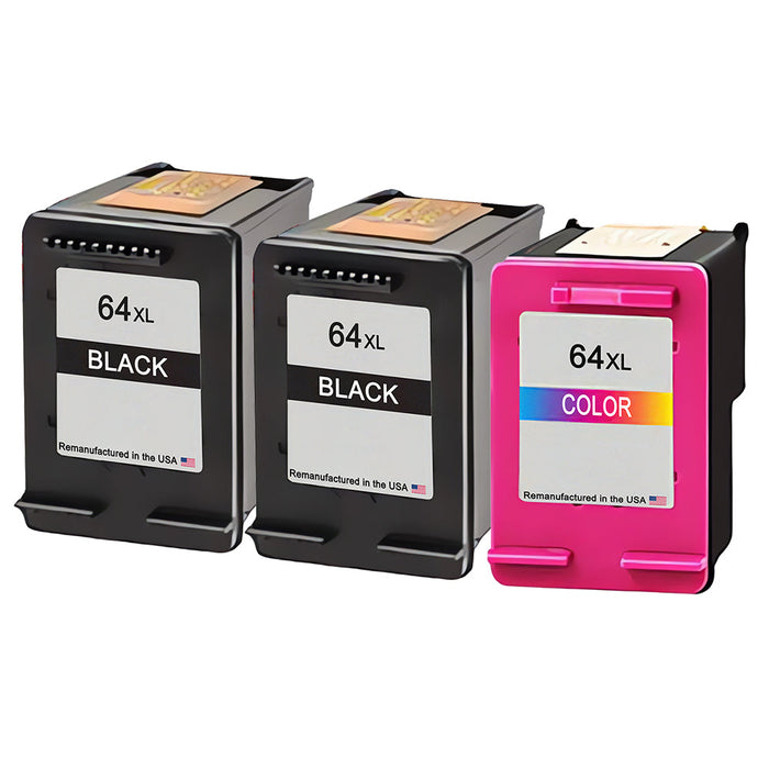 U.S. Remanufactured for HP 64XL 2 Black / 1 Tri-Color 3-Pack Ink Cartridges