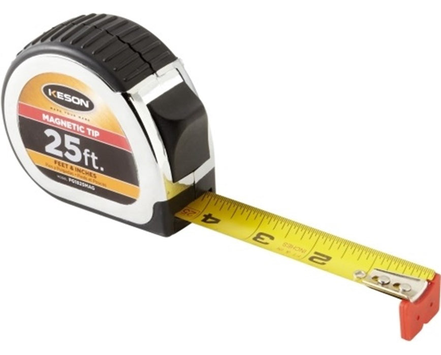 35ft Magnetic Tip Short Measuring Tape w/ 1" Blade, Button Lock, 'Feet, 1/8, 1/16' Units