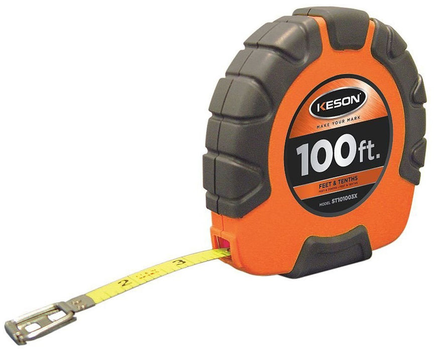 100ft ST Nylon Coated Steel Long Measuring Tape w/ Single Hook, 'Feet, Inches, 1/8' Units & 3X Gearing