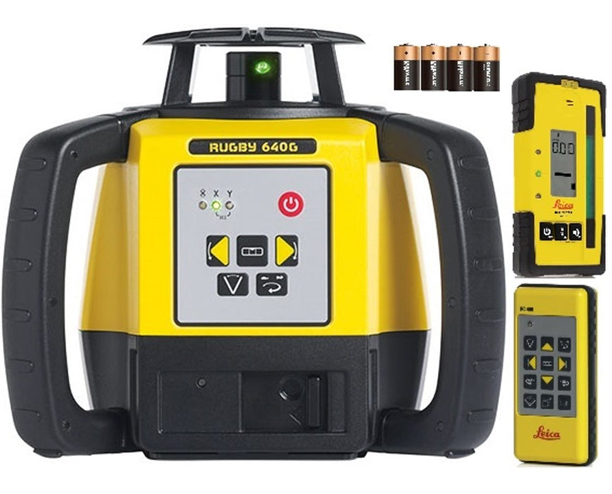 Rugby 640G Green Rotary Laser Level w/ RC400 Remote Control, Rod Eye 120G & Alkaline Battery