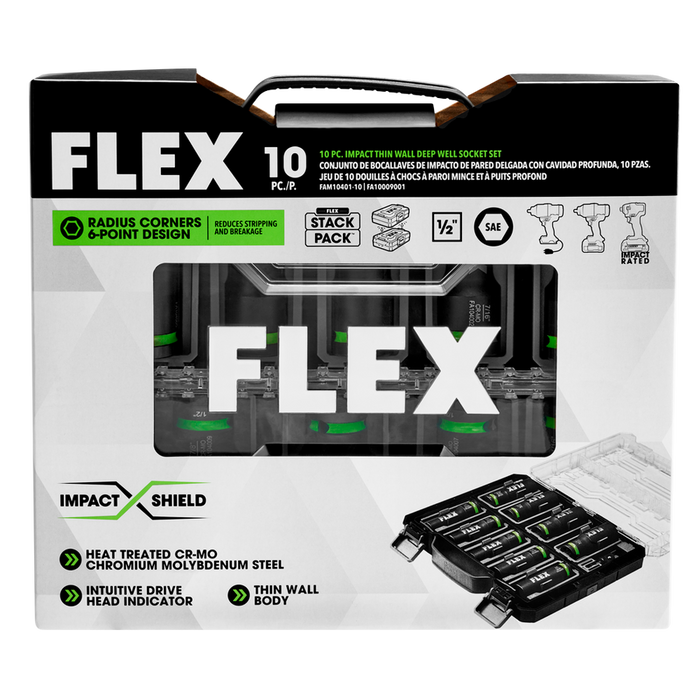 FLEX FAM10401-10 10pc Thin Wall Deep Well 6-point 1/2" Drive Impact Nut Socket Set
