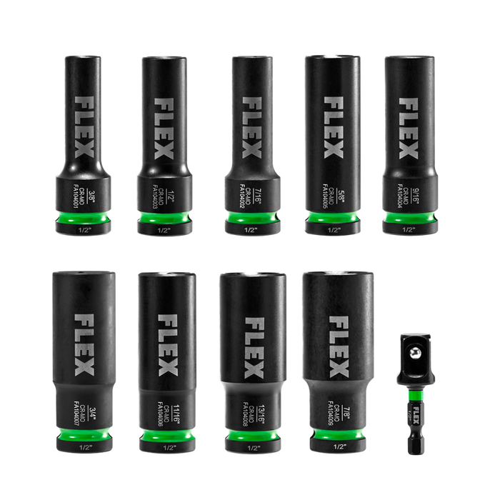 FLEX FAM10401-10 10pc Thin Wall Deep Well 6-point 1/2" Drive Impact Nut Socket Set