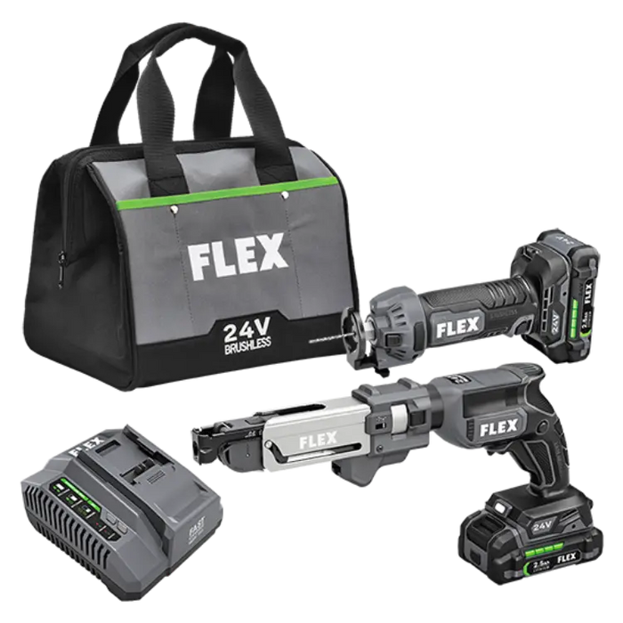 FLEX FXM203-2A Drywall Screw Gun With Magazine Attachment And Cut Out Tool Kit include (2) 2.5Ah Lithium-Ion Batteries, 160W Rapid Charger